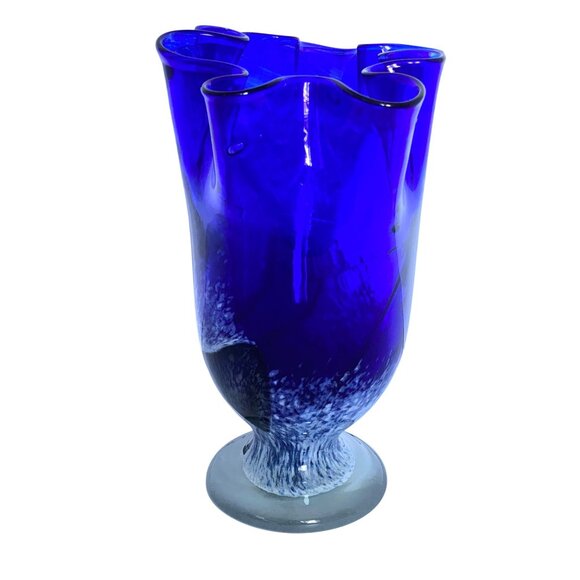 Mduca Cobalt Blue Art Glass Handkerchief Ruffle Edge Hand Blown Vase 10in Tall - Picture 4 of 12